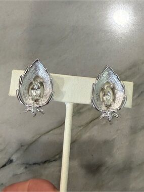 SaraCov Silver Teardrop Crystal Clip Earrings